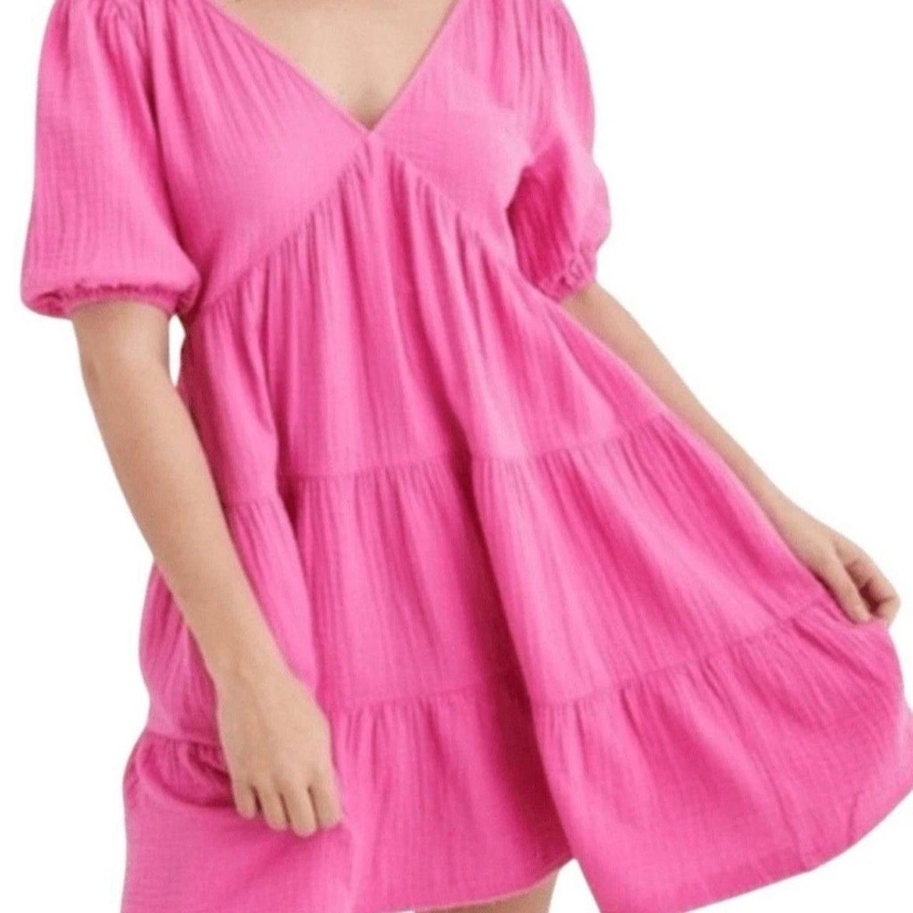 aerie Pink Tiered V-Neck Babydoll Dress